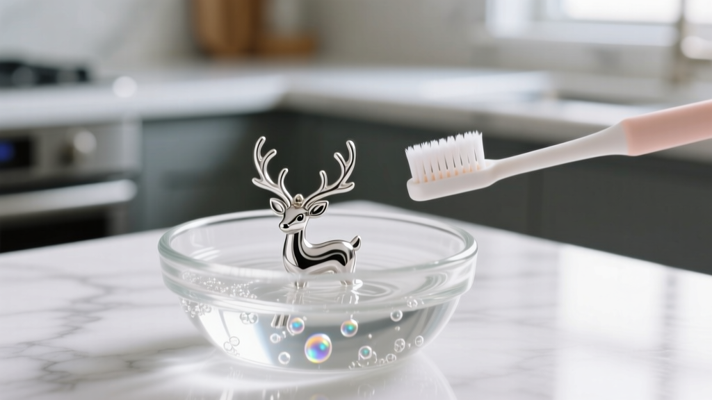 Soft baby toothbrush cleaning the tiny crevices of a silver reindeer pendant submerged in a small glass bowl of mild soapy water.