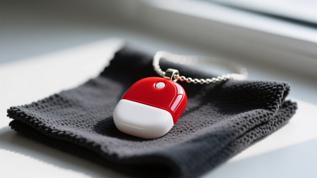 Close-up of a red and white fake life alert necklace pendant made of glossy epoxy resting on a dark microfiber cleaning cloth.