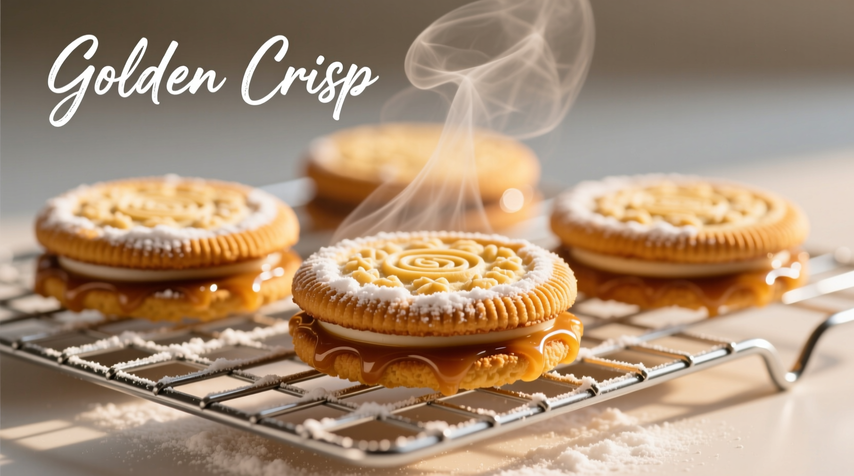 Golden fried Oreos on cooling rack with powdered sugar