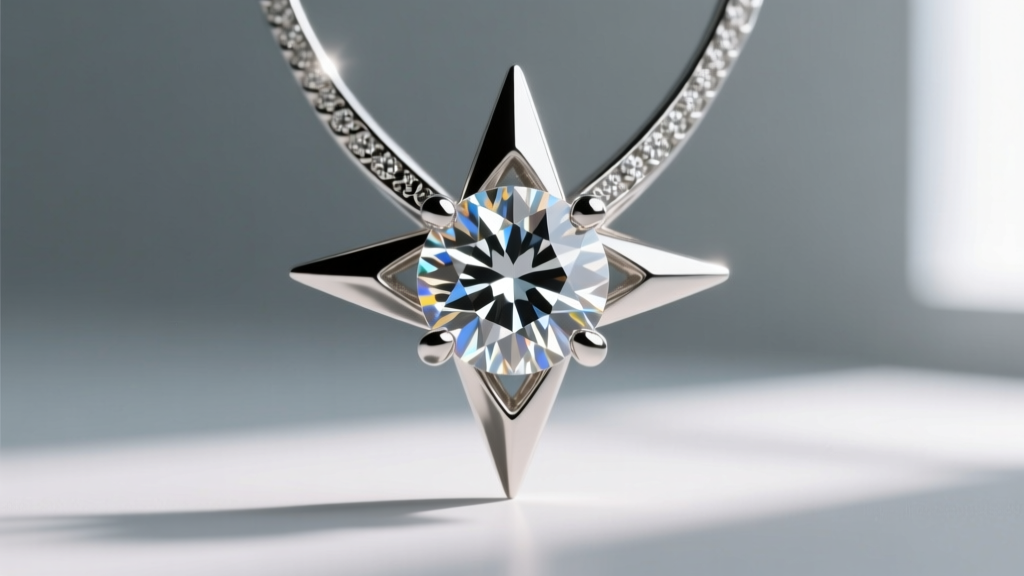 Macro photo of a V-prong setting securing the sharp outer point of a diamond starburst pendant, showing precise metalwork.