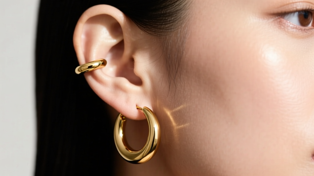 Ear curation showing a 20mm gold helix hoop and an oversized earrings hoop on the lobe, lit by soft natural window light.
