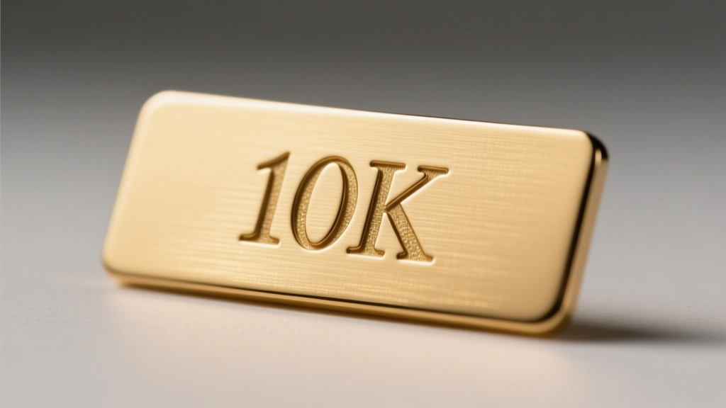 Close-up of a stamped 10k gold nameplate showing the 10K hallmark and subtle grain texture on the polished warm metal surface.