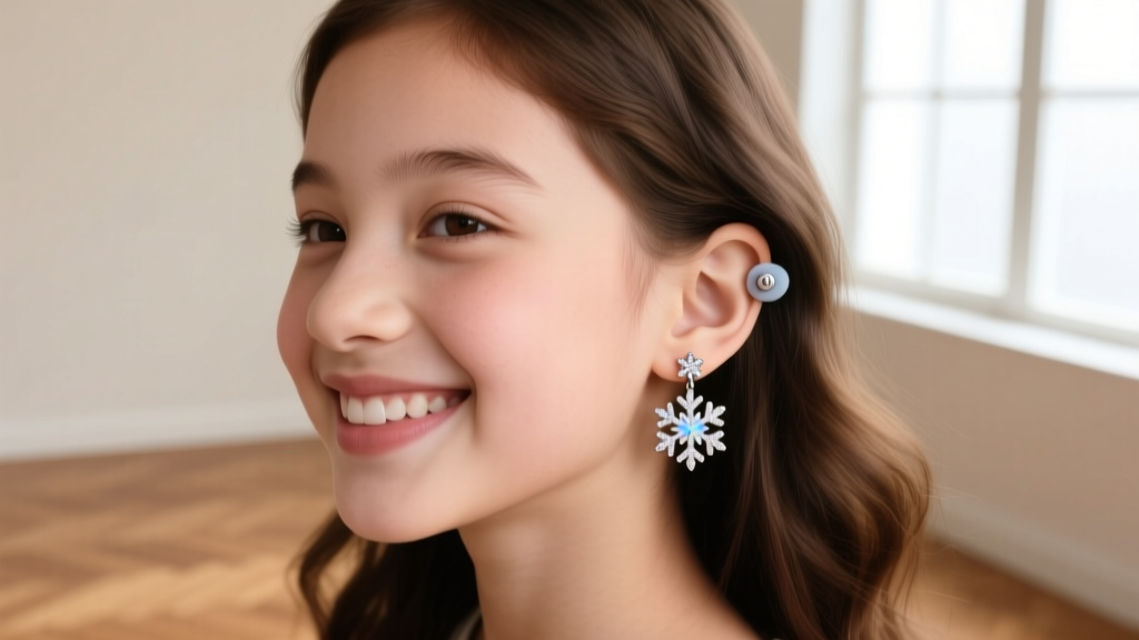 Young girl smiling softly, wearing 20-gauge titanium Elsa-inspired snowflake stud earrings with a secure silicone screw-back.