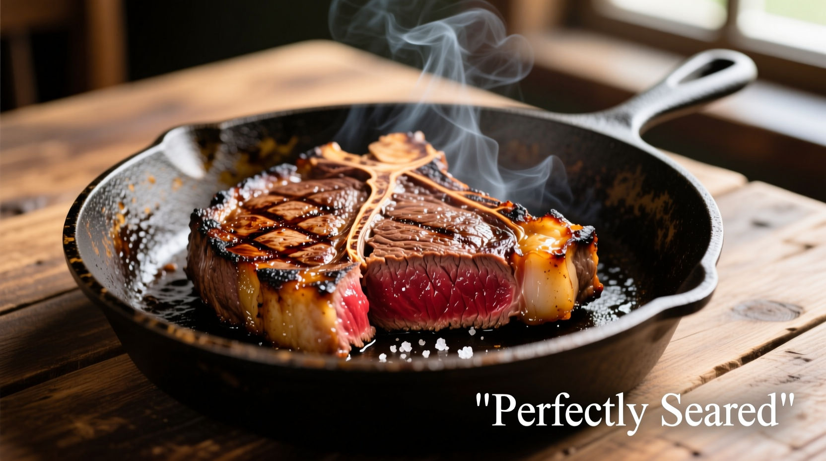 Perfectly seared ribeye steak on cast iron skillet