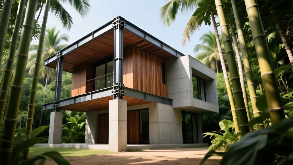Modern two-story house framed with large Guadua bamboo poles, showing steel gusset joints and concrete piers in a tropical landscape.