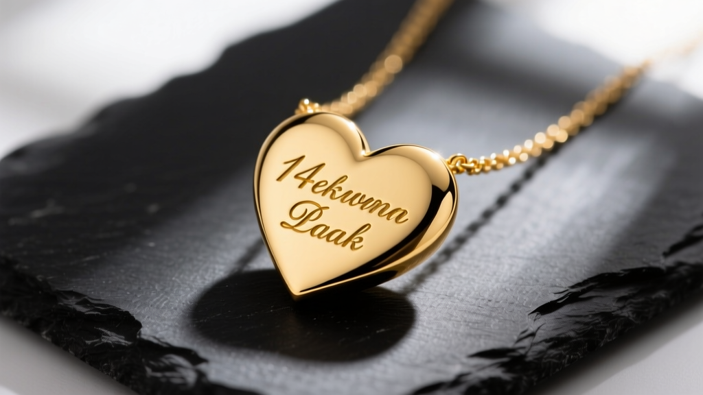 Macro photography of a polished 14k yellow gold heart necklace with names engraved in elegant script, resting on dark slate.