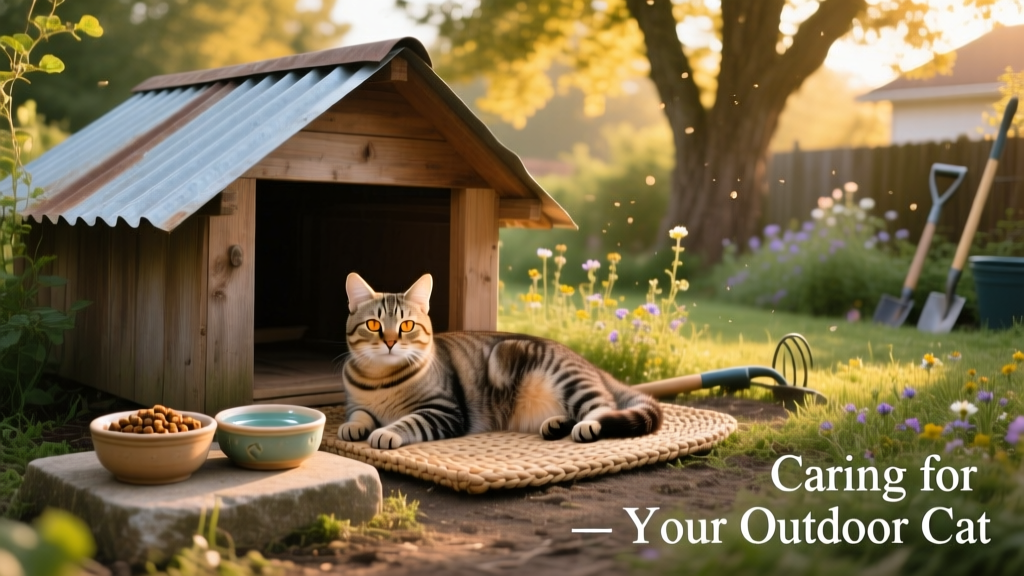 A calm, confident outdoor cat resting near a weatherproof shelter with food and water bowls nearby