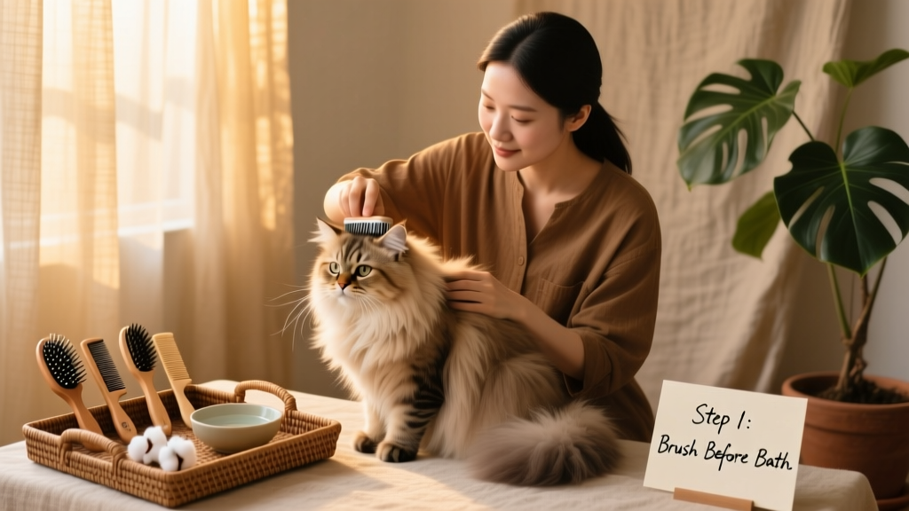 Cat owner gently brushing a long-haired cat before bath prep, with grooming tools neatly arranged nearby