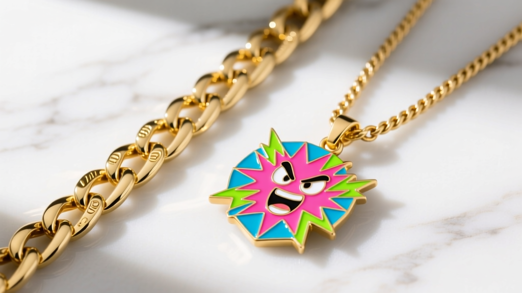 Flat lay of 14k gold Cuban and Rope chains next to a vibrant H-pop enamel pendant with a comic-book motif on white marble.