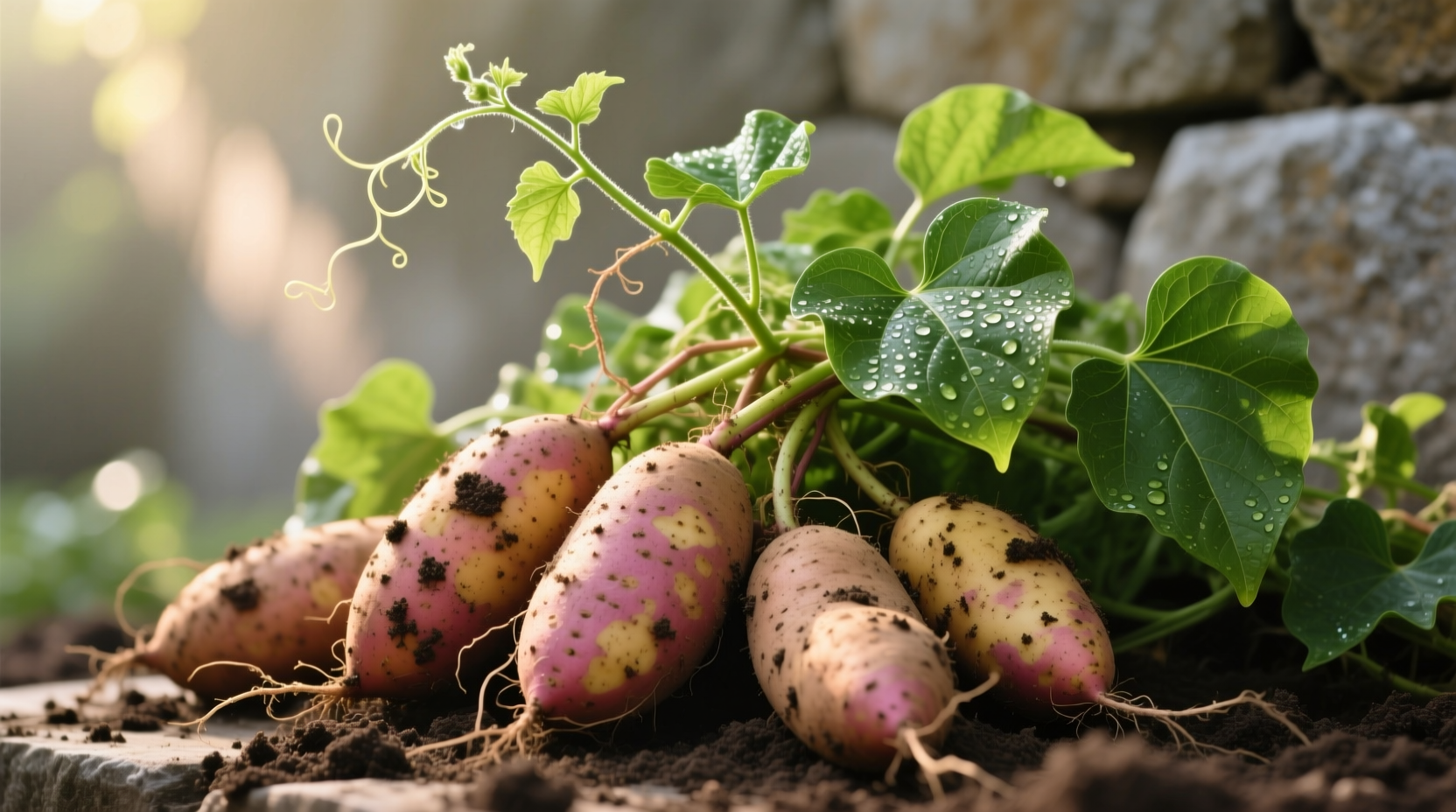 Fresh sweet potatoes with leaves showing vine growth