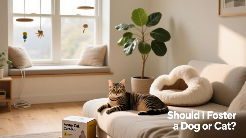 A tidy, cat-friendly living room with a window perch, hanging toys, and a soft bed — no visible hazards