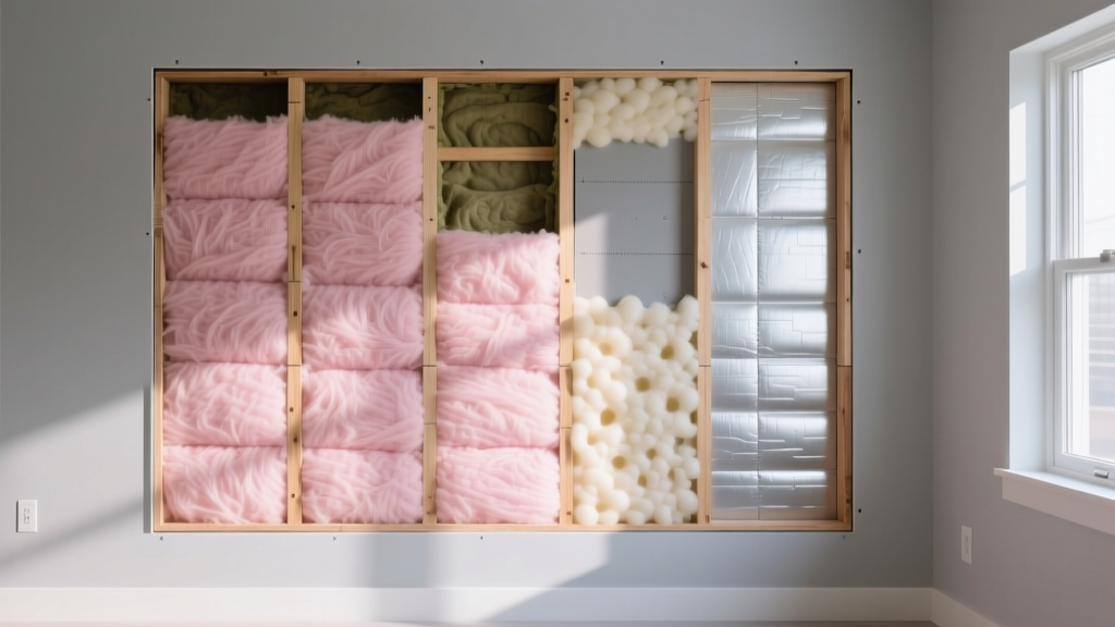 Framed wall cross-section revealing pink fiberglass batts, rigid polyiso boards, and closed-cell spray foam between wooden studs