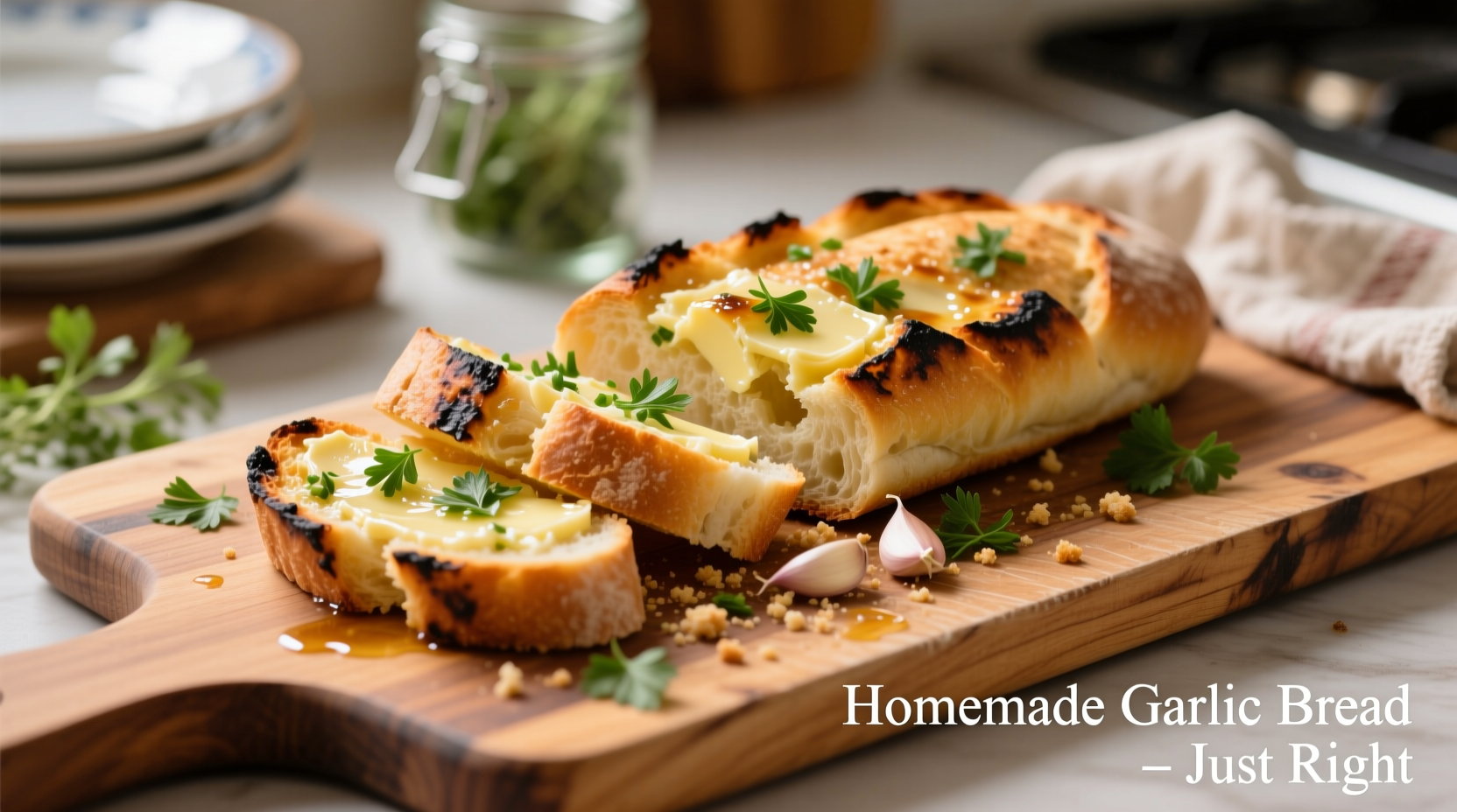 Homemade garlic bread on wooden cutting board