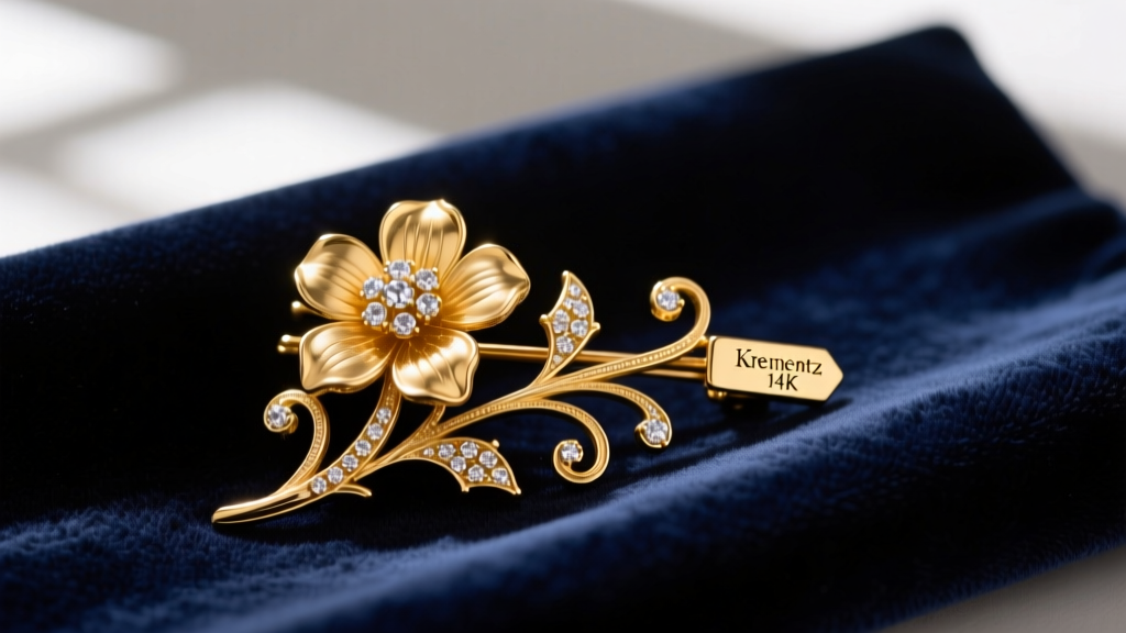 Vintage Krementz gold-filled floral brooch on dark velvet, showing intricate metalwork and a small hallmark stamp near the clasp.