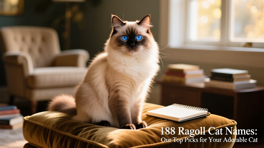 A mature female Ragdoll sitting regally on a plush cushion, her blue eyes calm and expressive, fur gleaming in soft light