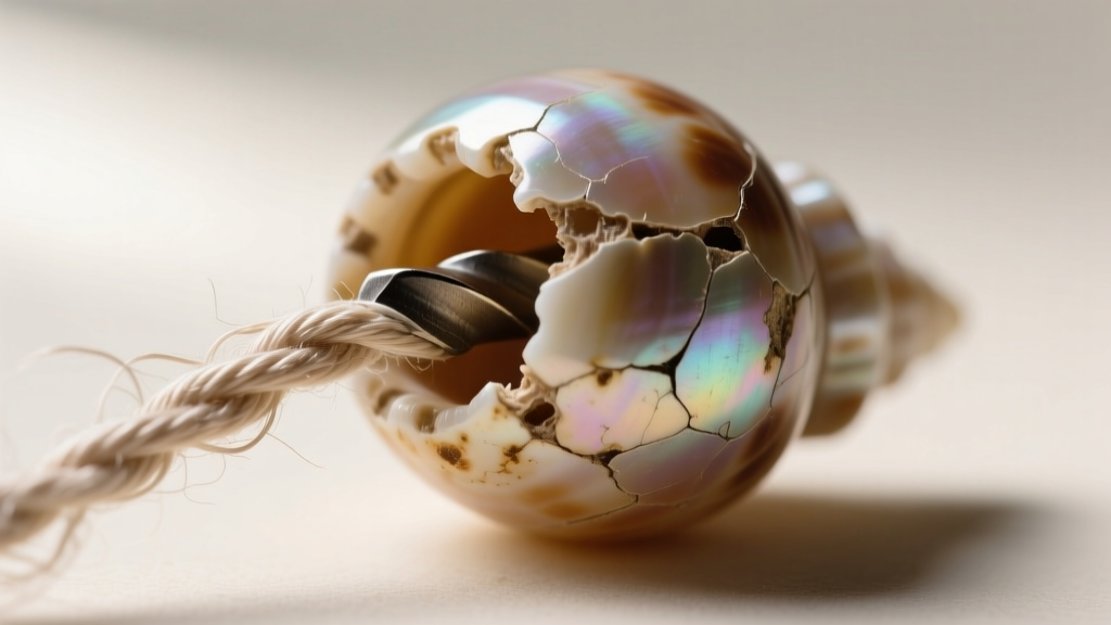 Macro shot of frayed silk thread inside a vintage shell bead drill hole, showing severe abrasion and material wear damage.