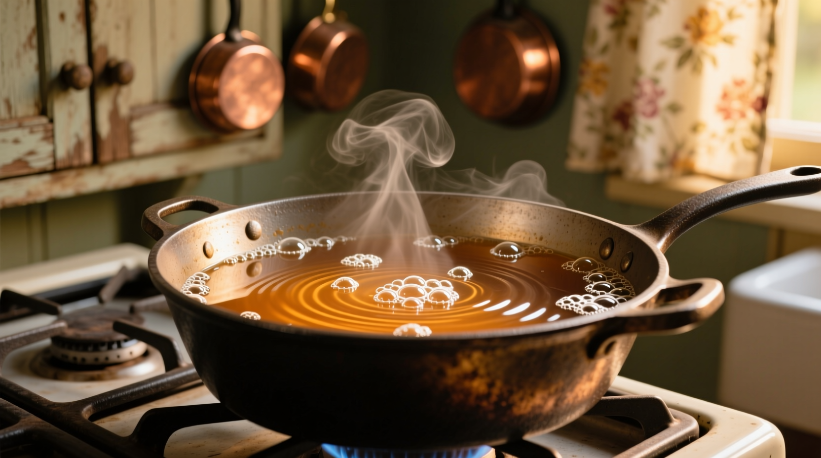 Close-up of gently simmering pot with small bubbles rising