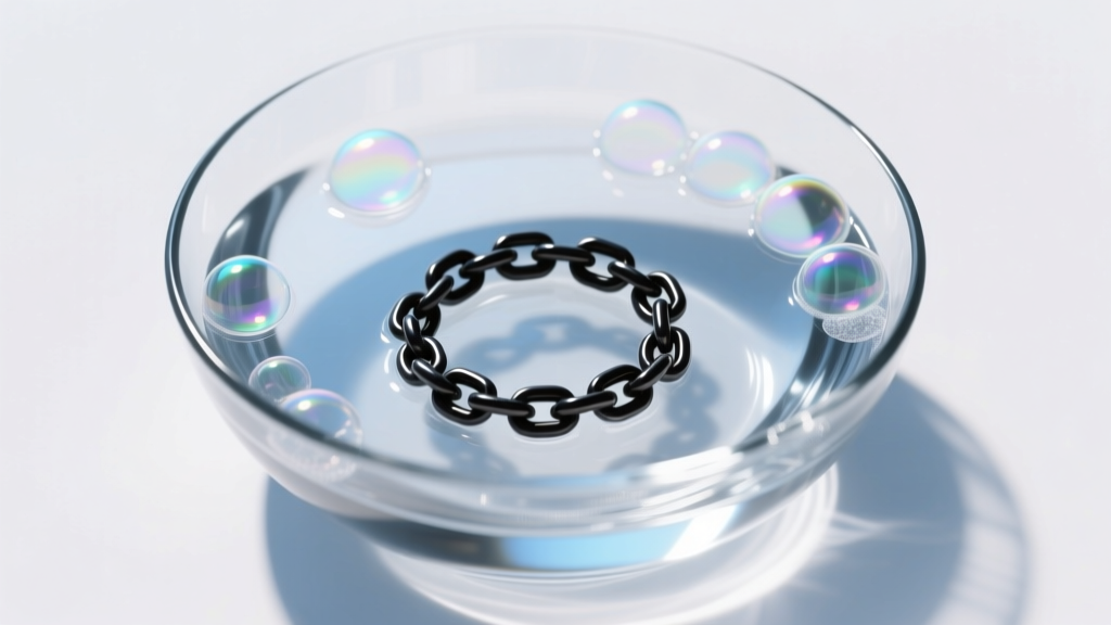 Overhead shot of a glass bowl with distilled water and soap, a black tungsten chain submerged, white background, soft daylight