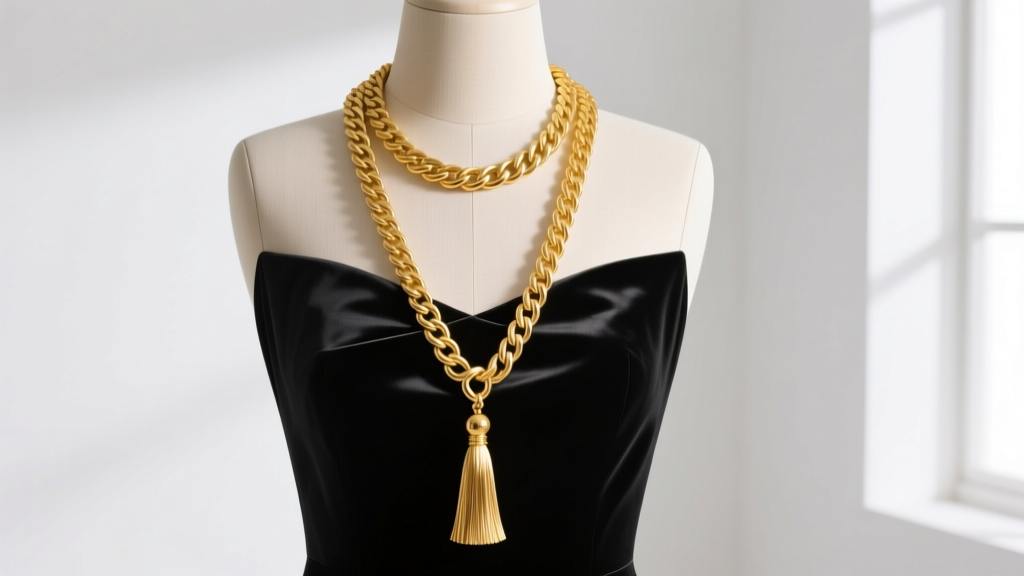 Elegant 30-inch 14k yellow gold rope chain ending in a 3-inch fluid gold tassel draped over a black silk evening gown mannequin.