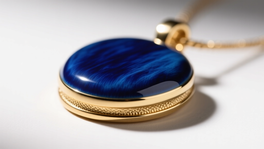 Macro close-up of a Marni enameled brass pendant showing thick glossy cobalt blue enamel over a gold-toned brass base metal edge.