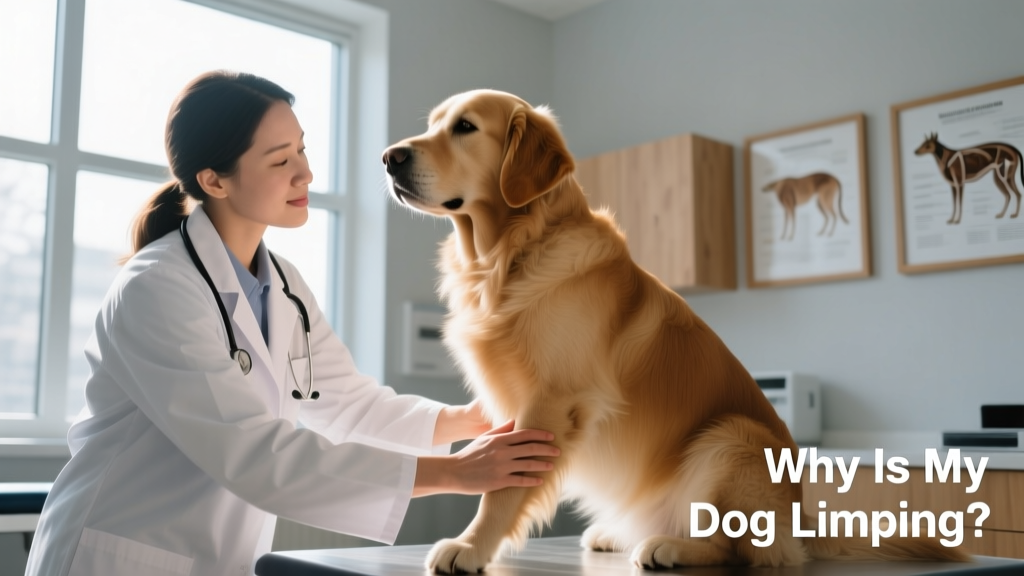 Veterinarian gently palpating a dog's hind leg during a physical exam