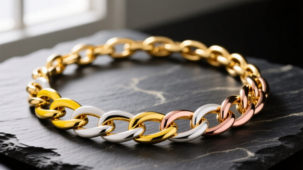 Macro photography of a tri gold necklace featuring interlocking yellow, white, and rose gold links resting on dark slate