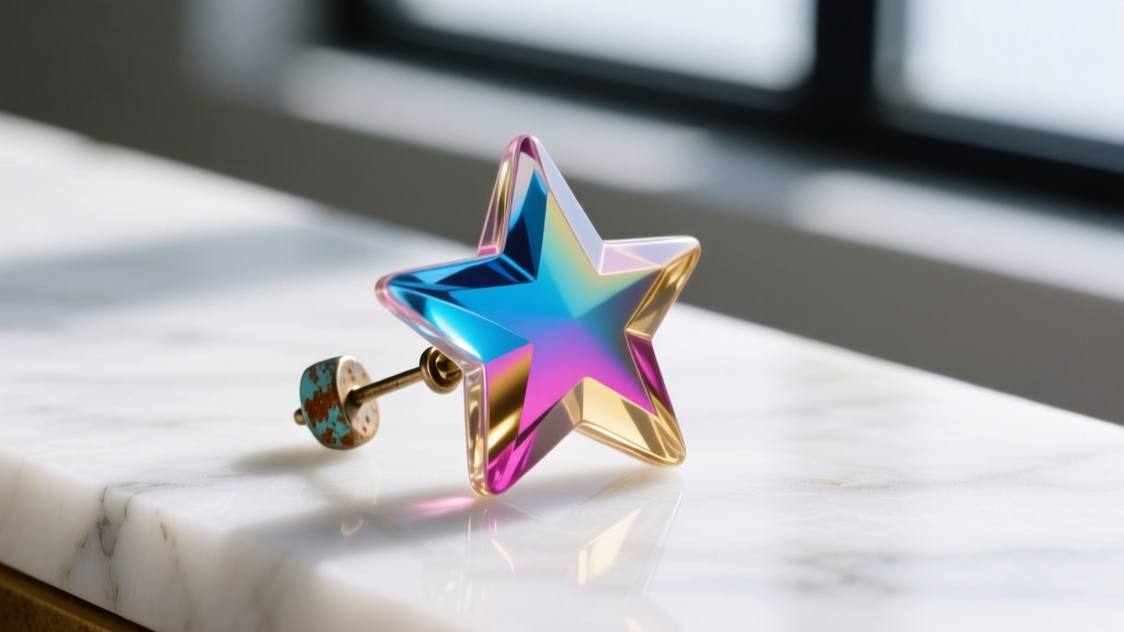 Macro shot of a colorful acrylic star earring with a tarnished base metal post resting on a bright white marble surface.