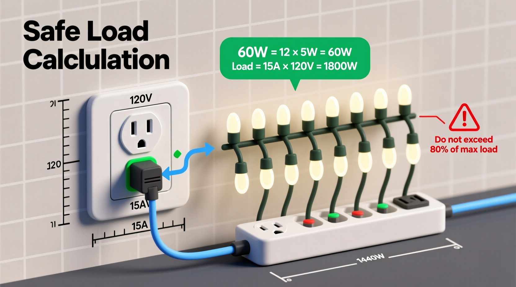 how to calculate exact wattage load before plugging in 12 strands of lights into one outlet