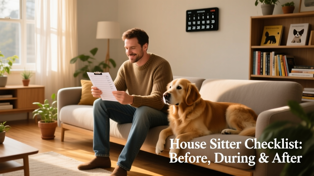 A friendly house sitter reviewing a printed checklist while sitting beside a calm dog on a sunlit living room sofa