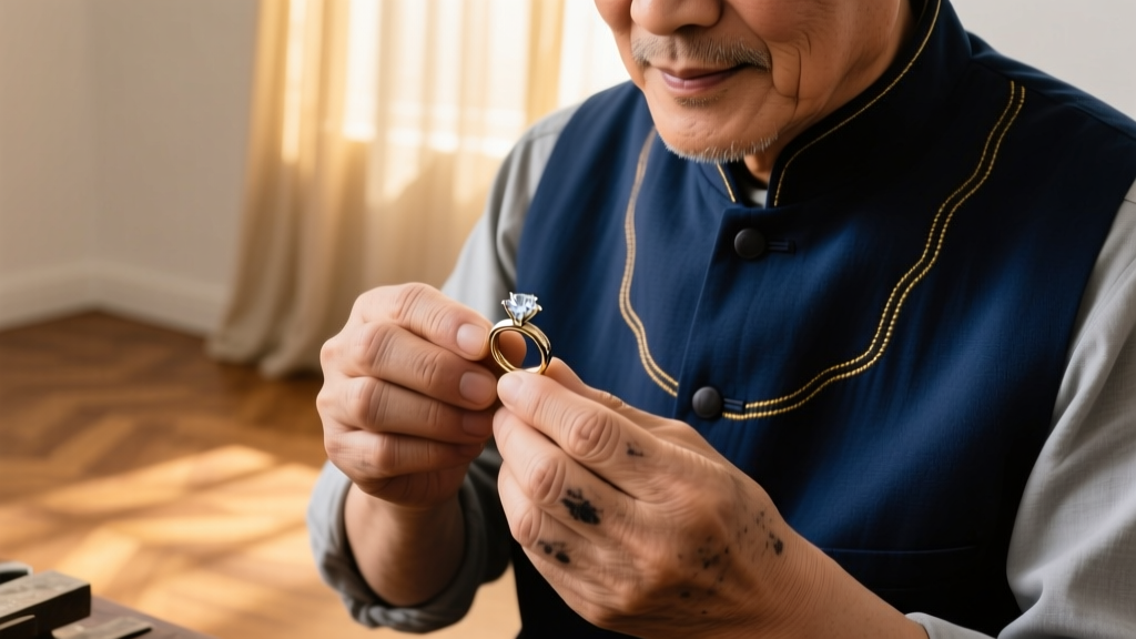 Close-up of a jeweler's loupe examining interlocking links of a 2mm 18k yellow gold spiga wheat chain on a dark velvet tray