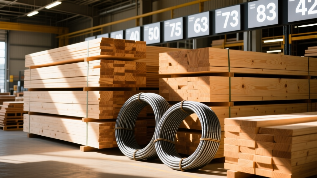 Stacked dimensional lumber and coiled steel rebar in a commercial lumberyard under bright sunlight next to digital pricing display boards