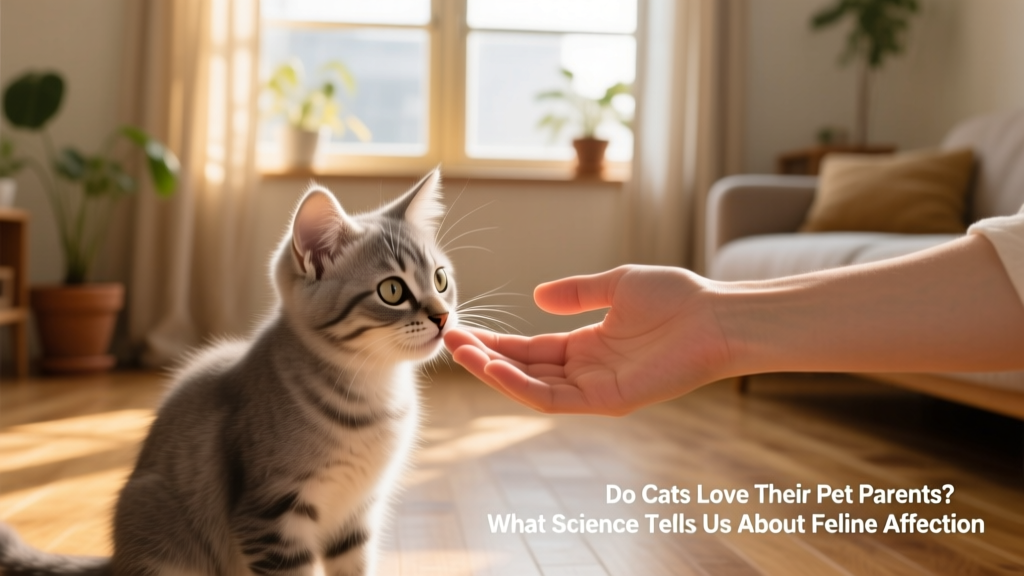 A curious kitten gently sniffing a human hand during a calm, supervised socialization session