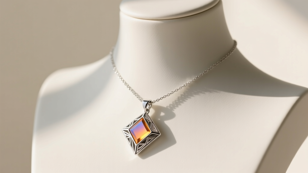Sleek modern sterling silver mood pendant necklace on a minimalist mannequin neck, glowing with a warm amber thermochromic hue.