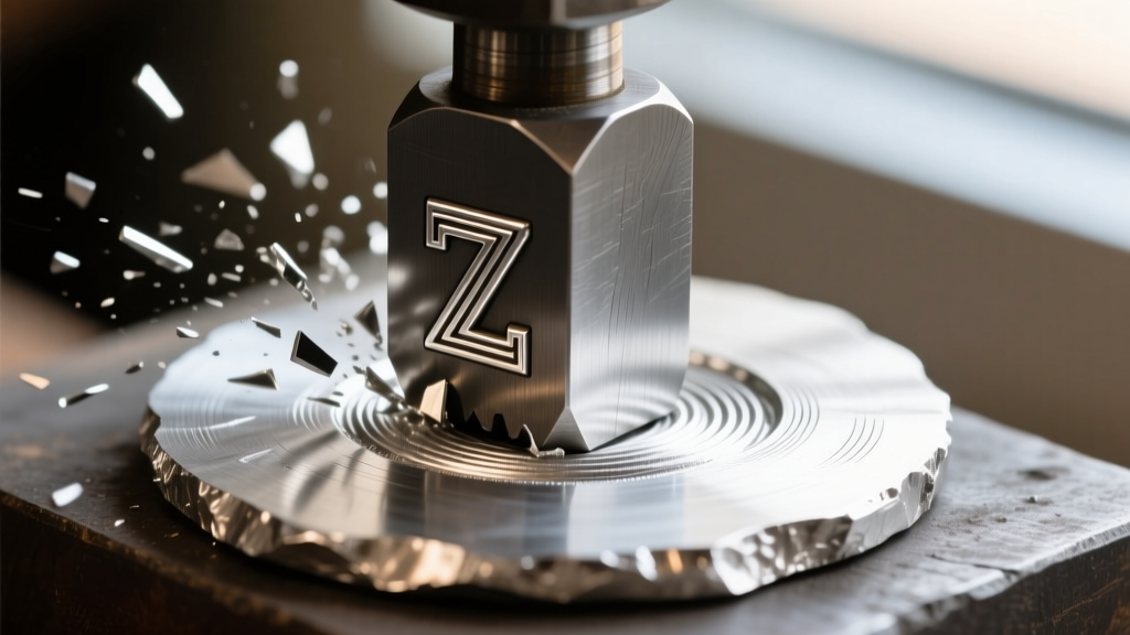 Close-up of a steel die stamping a Zuni silversmith initial into raw silver, capturing metal displacement and uneven strike depth