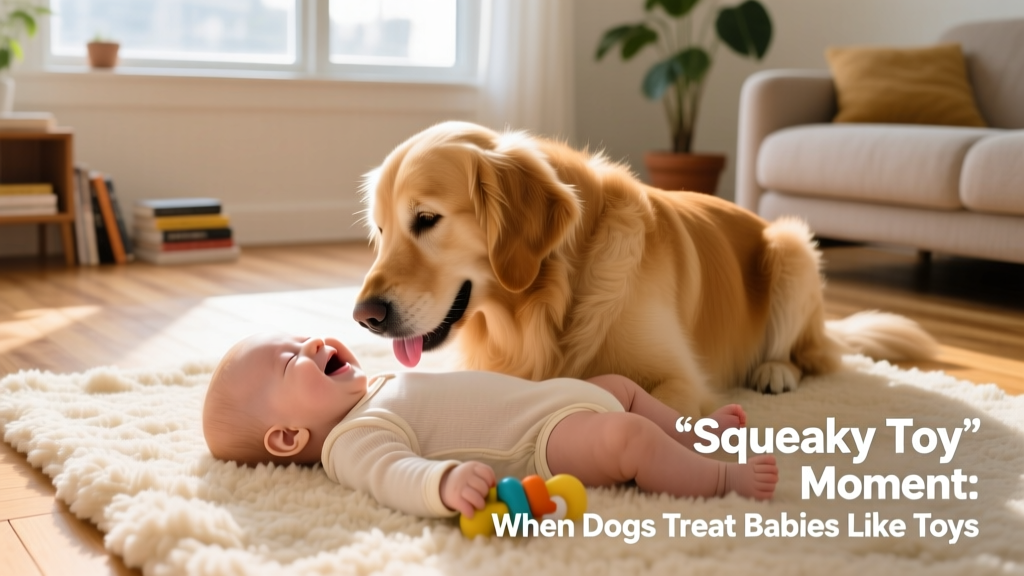 Golden retriever gently nudging a smiling baby lying on a soft rug