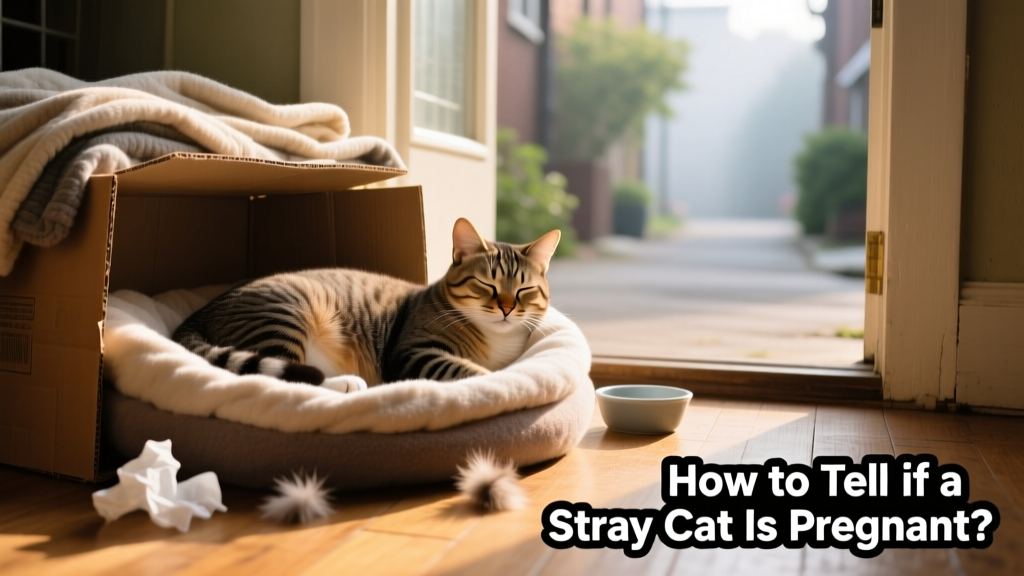 A pregnant stray cat resting quietly in a cozy, makeshift nesting spot near a doorway
