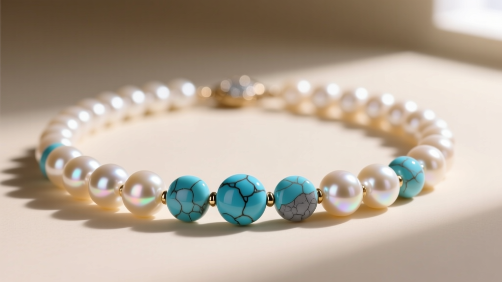 Macro shot of a pearl necklace with turquoise beads, showing Akoya luster and Sleeping Beauty turquoise matrix under soft lighting.