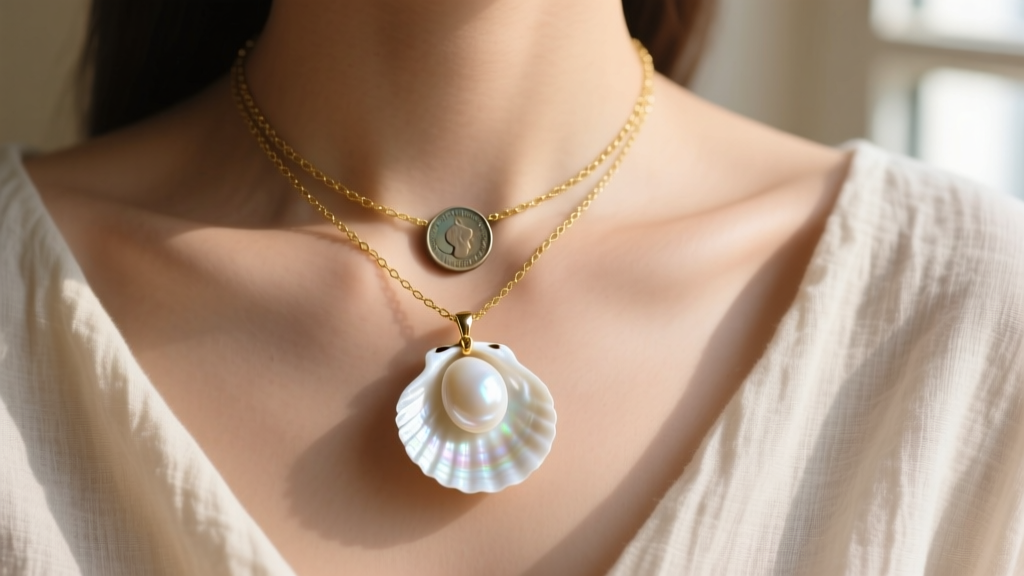 White clam shell pendant on a gold chain layered with a coin necklace, resting on a collarbone against soft linen