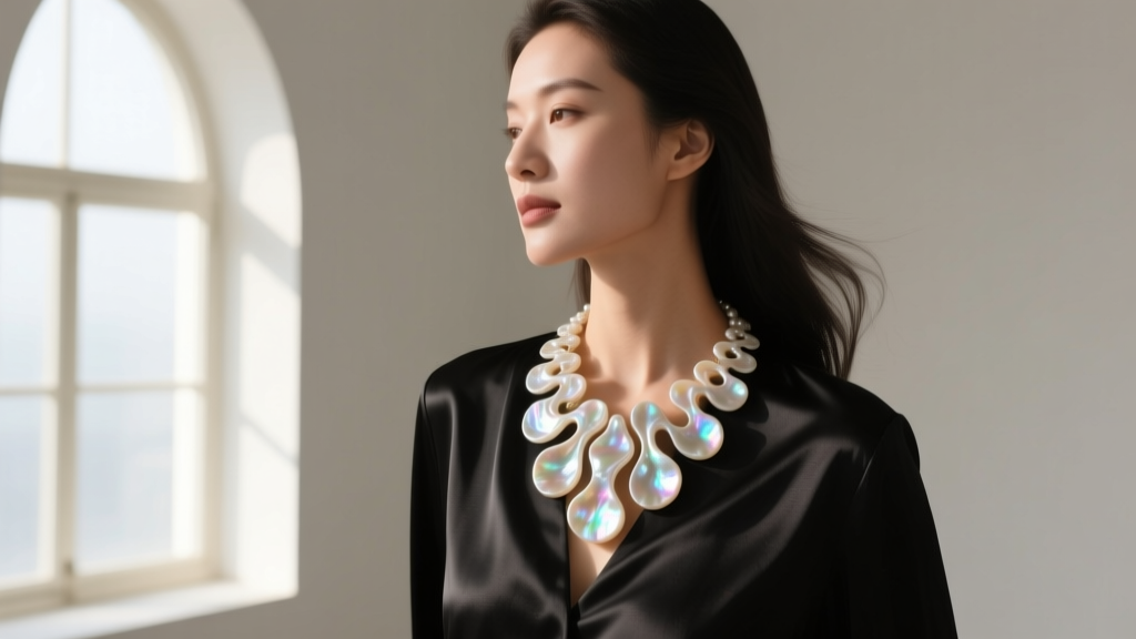 Woman wearing a sculptural mother of pearl statement necklace over a black silk blouse, illuminated by soft natural window light.