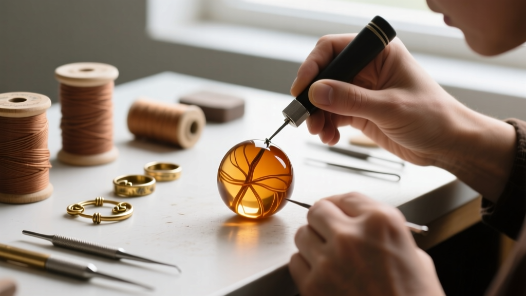 Jeweler using a bead reamer on a chunky vintage lucite bead, spools of waxed nylon thread and brass clasps on the workbench