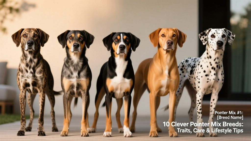 Side-by-side photos of five different Pointer mixes — each showing distinct coat patterns, expressions, and confident stances
