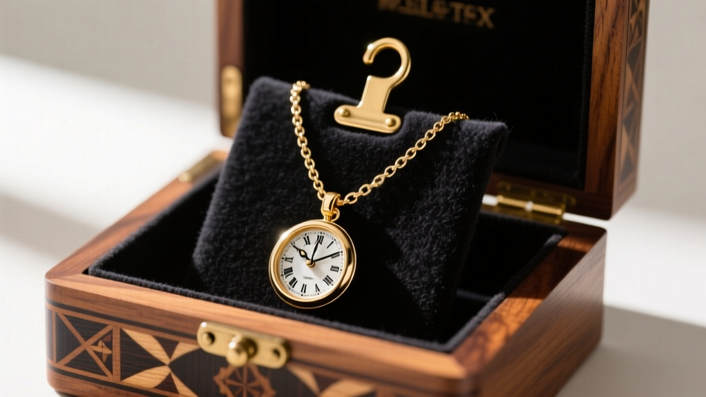 A Time-Turner necklace on a modified brass hook lined with dark felt to prevent chain tangling inside a themed wooden jewelry box.