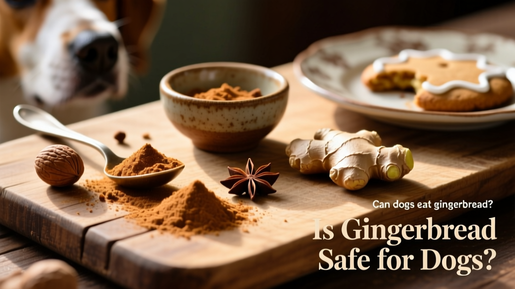 Close-up of common gingerbread spices—nutmeg, cloves, and ground ginger—spooned onto a wooden cutting board