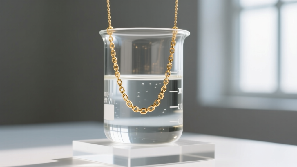 A digital jewelry scale displaying a suspended gold chain submerged in a glass beaker of water for specific gravity testing.