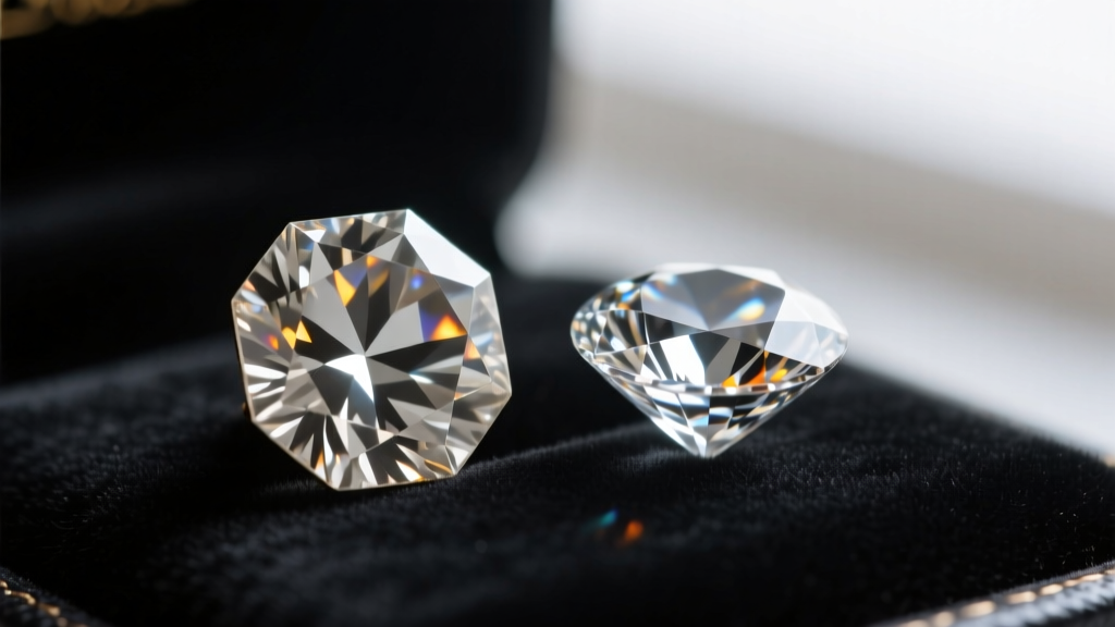 Macro shot of an Old European cut diamond beside a modern brilliant, showing the small table and open culet of the vintage stone.