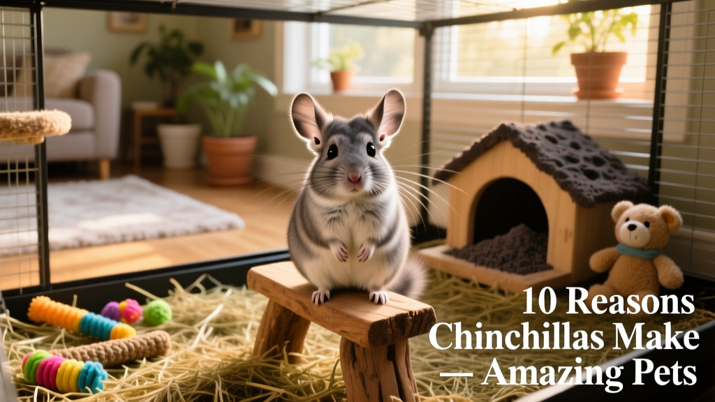 A curious chinchilla perched on a wooden perch inside a spacious, well-ventilated cage with hay, toys, and a dust bath house