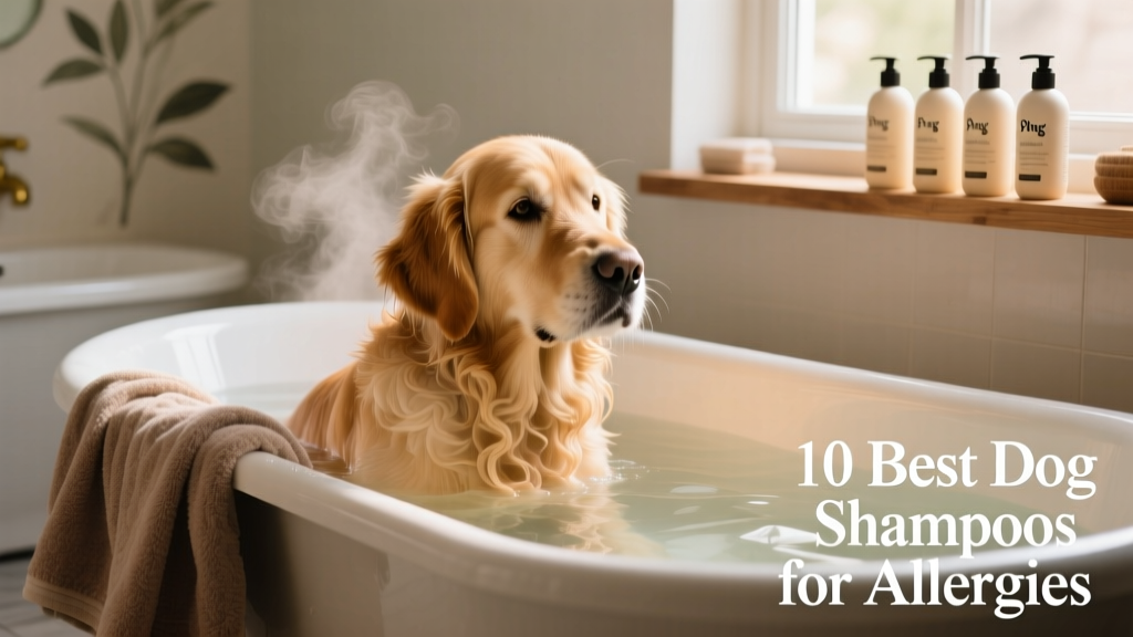 A calm dog being gently bathed in a shallow tub with warm water and soft towels nearby