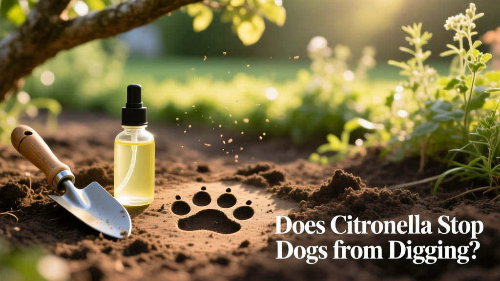 Close-up of citronella oil bottle next to a small garden trowel and paw print in soil