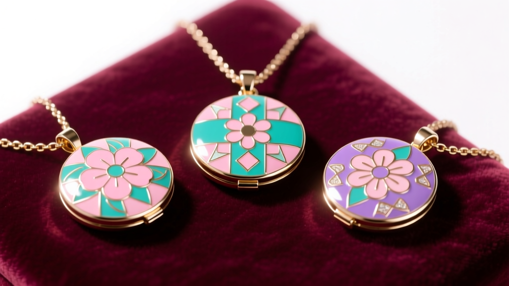 Three enamel compact pendants on velvet showing pastel pink, teal and purple 90s patterns, top-down view, bright studio lighting.