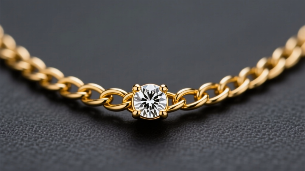 Macro shot of 18k gold Elena necklace with 4mm bezel-set diamond pendant on dark slate, studio lighting highlighting chain weave
